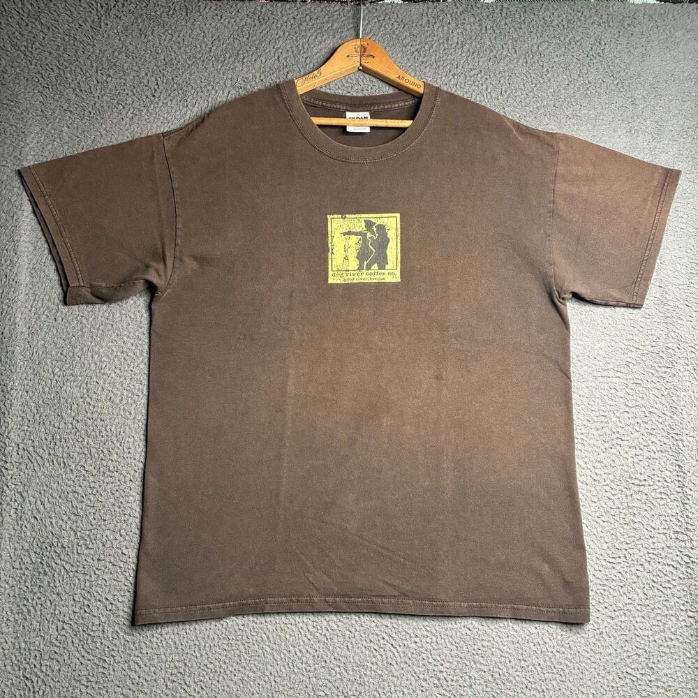 Vintage Y2K Coffee Shop Art T Shirt Mens Large Brown Faded Oregon Dog River Co